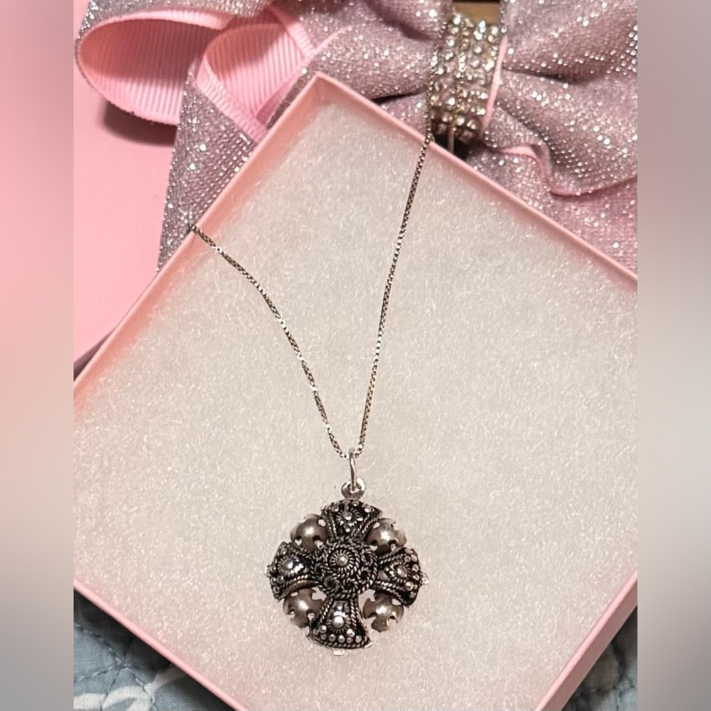 Vintage Sterling Silver Jerusalem Cross Pendant Necklace